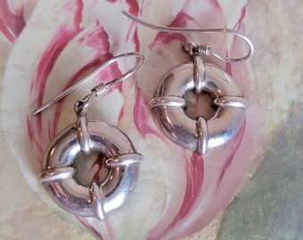 Vintage Sterling Silver Round Circular Earrings Hanging Dangling French Hooks Life Preserver