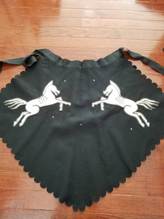 Vintage Black Wool Apron White Horses Rhinestones