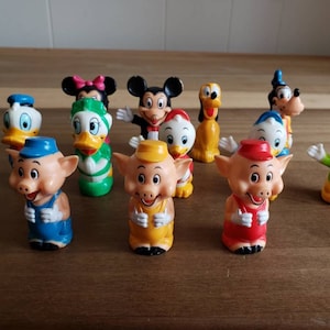 Vintage Lot of 12 Disney Pencil Toppers 1970s Mickey Mouse Minnie Goofy Pluto Donald Duck Daisy Huey Dewey Louie Three Little Pigs