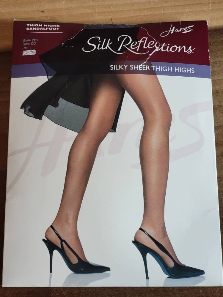 Vintage Pair of Hanes Silk Reflections Silky Sheer Thigh Highs Sandlefoot Hosiery  Stockings Jet Size Cd'll -  Singapore