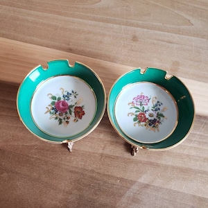 Vintage Lot of 2 Bauscher Weiden Bavaria Germany Porcelain Ashtrays Green with Flowers Brass Frame and Dolphin Feet 1960s