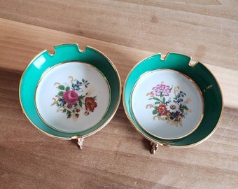 Vintage Lot of 2 Bauscher Weiden Bavaria Germany Porcelain Ashtrays Green with Flowers Brass Frame and Dolphin Feet 1960s