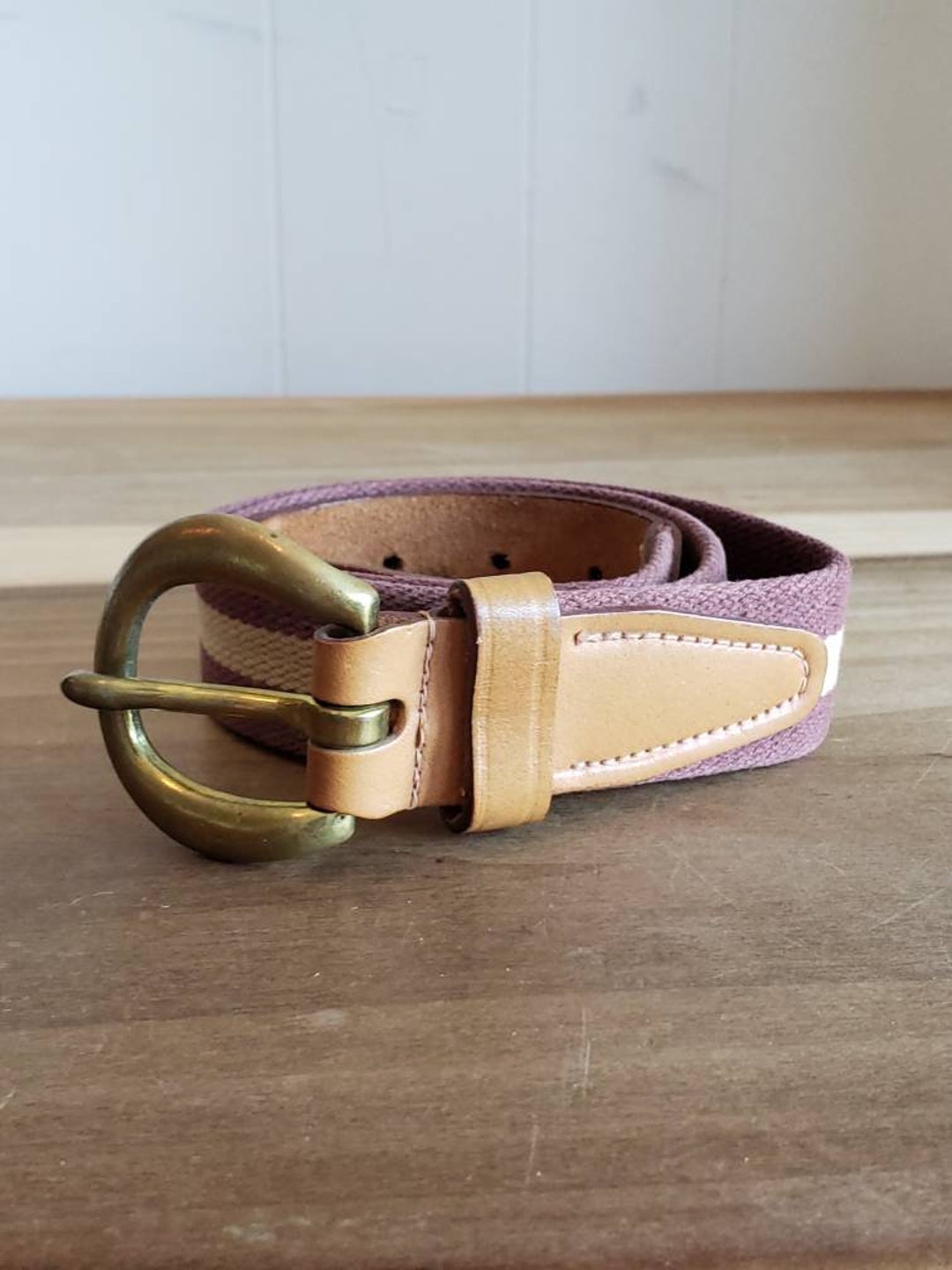 Vintage Woven Cotton Belt: Leather & Brass Buckle, Size 34  display picture 2