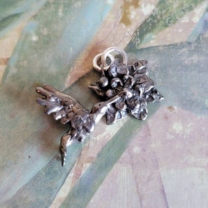 Vintage Sterling Silver Hummingbird with Flower Pendant 925