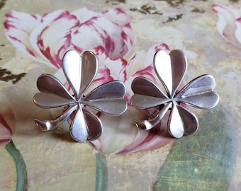 Vintage Sterling Silver Shamrock Earrings: Lucky Clover Screw Backs