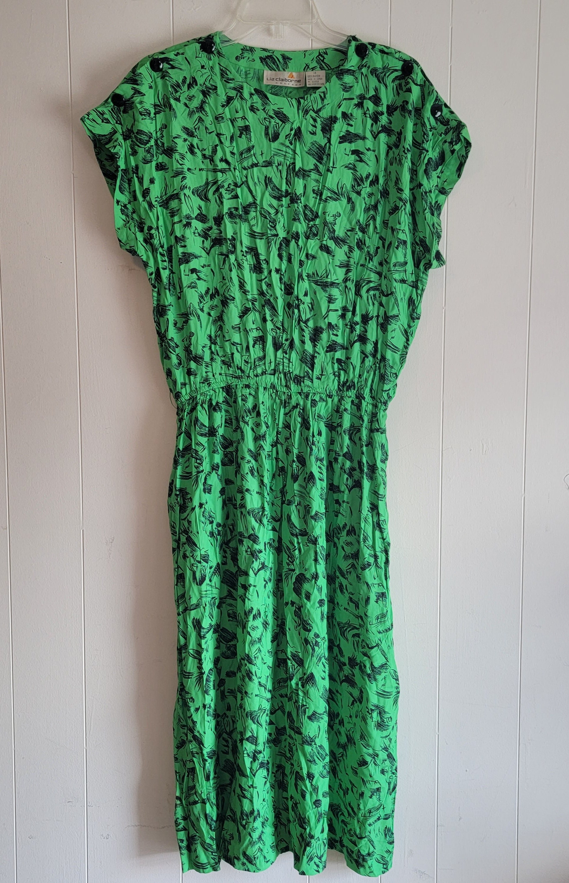 Vintage Liz Claiborne Bright Green and Black Dress Size 14 Elastic Waist  Shoulder Pads - Etsy