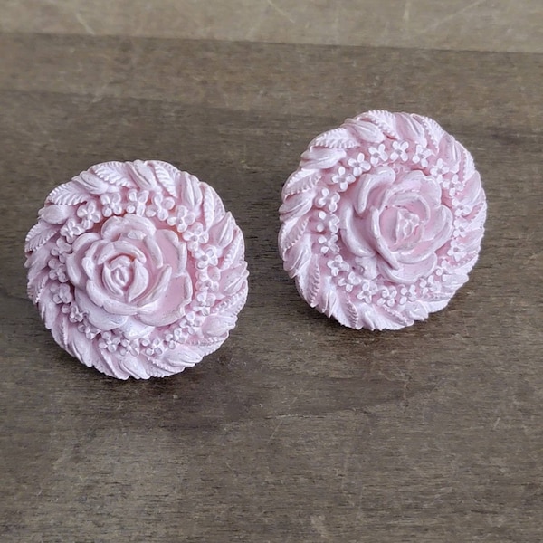Vintage Carved Celluloid Rose Pink Clip On Earrings Costume Jewelry 1930s 1940s As Is