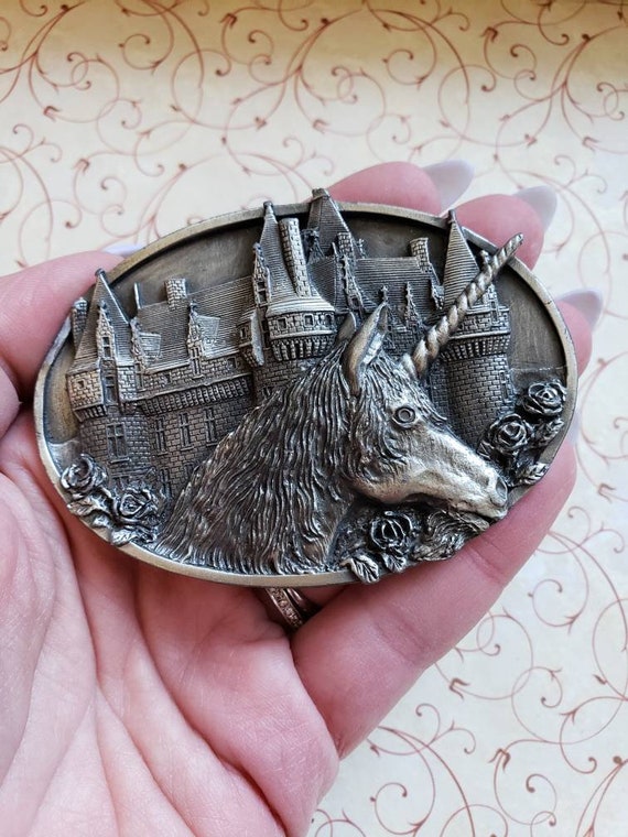 Vintage Unicorn and Castle Belt Buckle Very Detai… - image 9