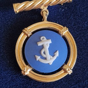 Vintage Wedgwood Blue Jasperware Anchor Brooch Pin Made in England on Original Card Stock