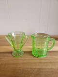 Vintage Green Depression Glass Pitcher & Sugar Bowl Set, 1920s