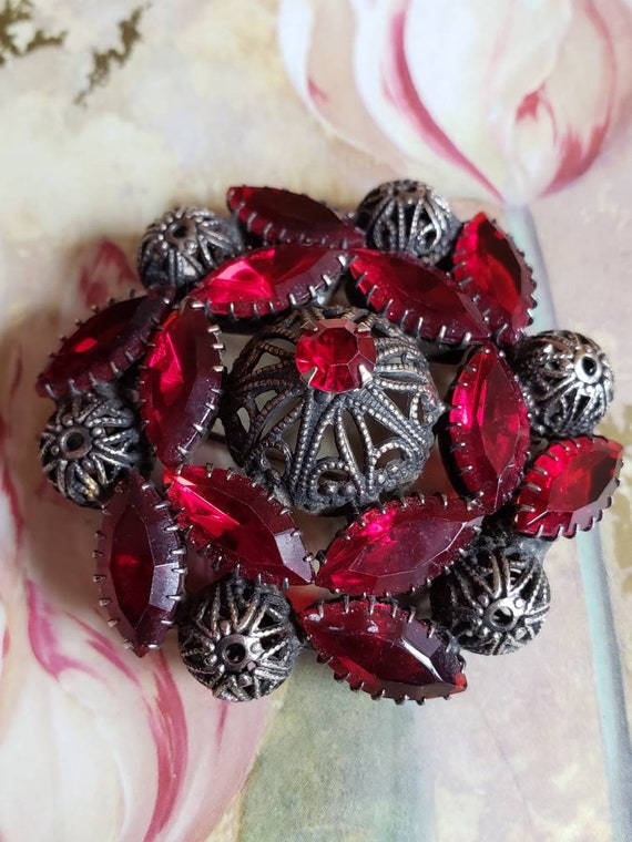 Vintage Glass Red Rhinestones and Steel Cut Brooc… - image 2