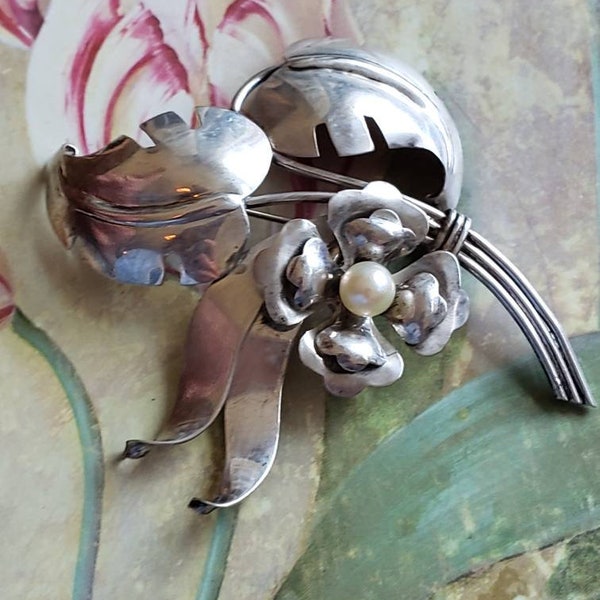 Vintage Harry Iskin Sterling Silver Floral Pearl Pin or Brooch 1940s Jewelry Accessories