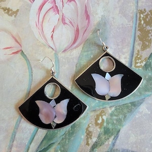 Vintage Mother of Pearl Abalone Onyx Silver Fan Shape Earrings Mexico As Is French Hooks Pierced Ears Flowers Leaves