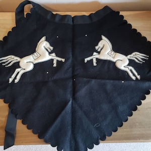 Vintage Black Wool Apron White Horses Rhinestones Hostess Half Apron