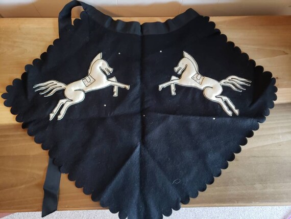 Vintage Black Wool Apron White Horses Rhinestones