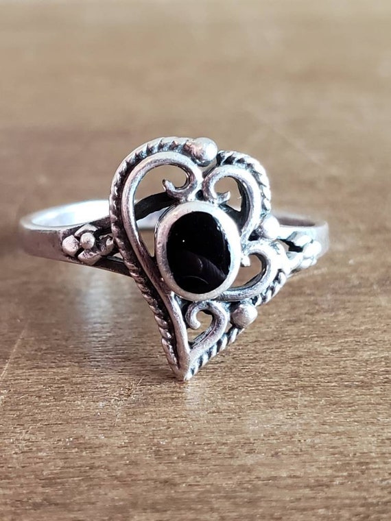 Vintage Black Oval Onyx Paisley Design Sterling S… - image 1