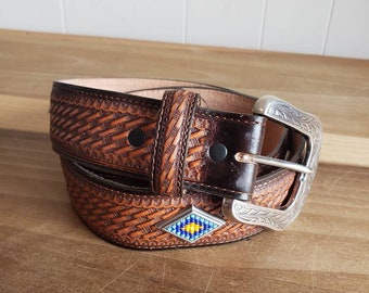 Justin Vintage Red Leather Beaded Belt Multicolor Seed Bead Western Boho Size 28 Handmade Beaded Leather Belt: Red Western Rodeo Style - Etsy main image 4