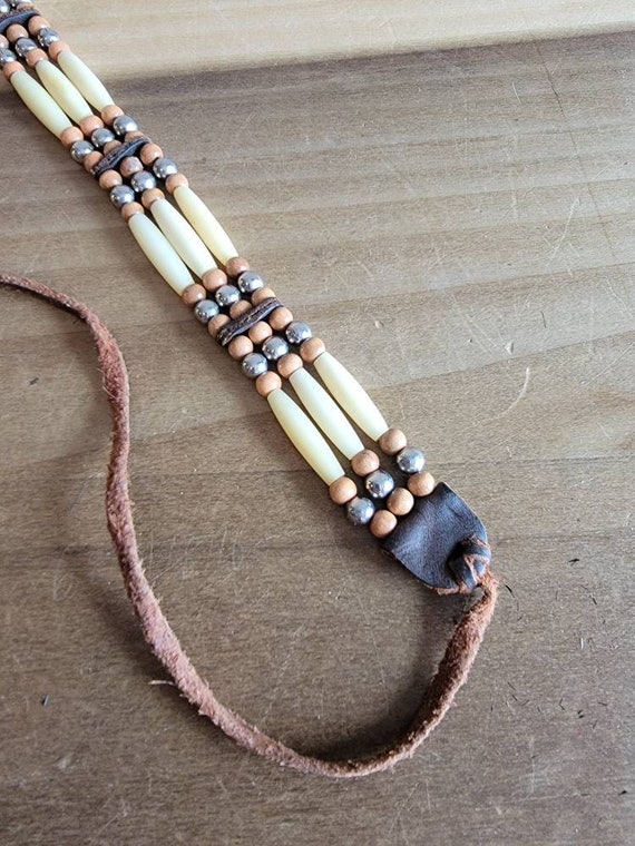 Vintage Handmade Bone Choker: Wooden & Silver Tone Beads, 1980s Leather View 5