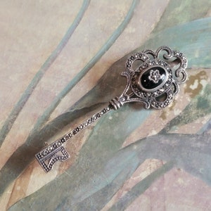 Vintage Sterling Silver Onyx and Marcasite Key Brooch Pin or Pendant