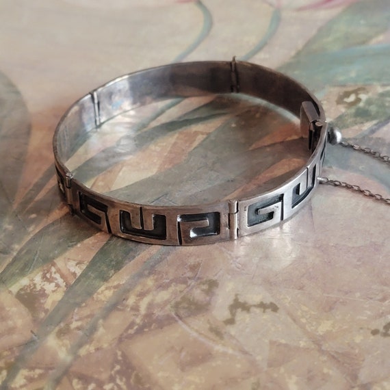 Vintage Sterling Silver Greek Key Hinged Bracelet… - image 5