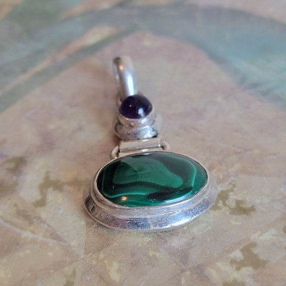 Vintage Sterling Silver Malachite and Amethyst Se… - image 2