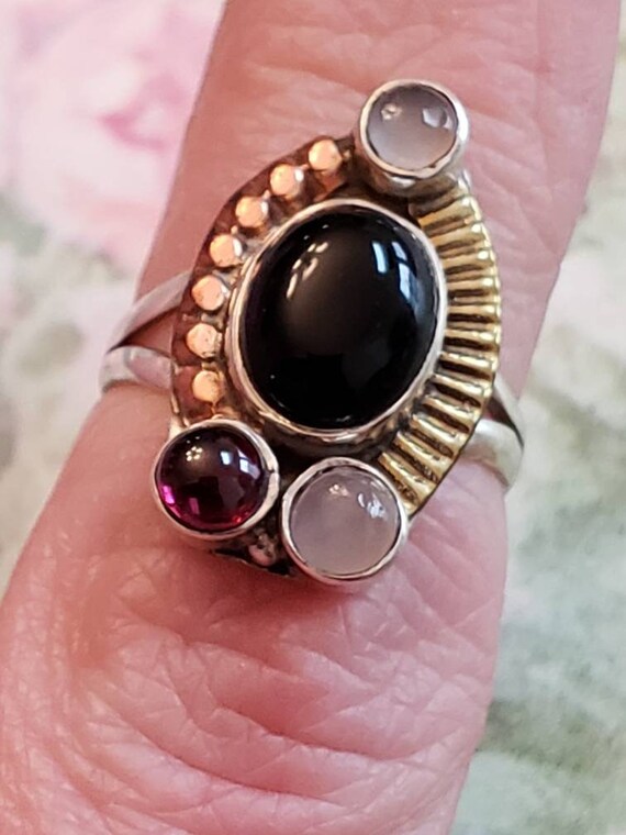 Vintage Black Oval Onyx Garnet Copper Brass Sterl… - image 8