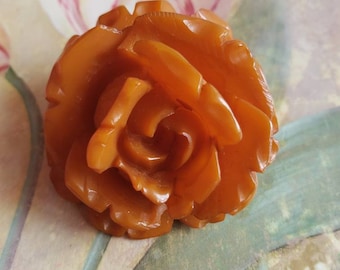 Vintage Heavily Carved Bakelite Rose Brooch or Pin Jewelry Butterscotch 1930s