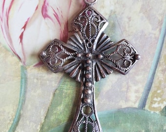 Vintage Sterling Silver Filigree Large Cross Pendant 925
