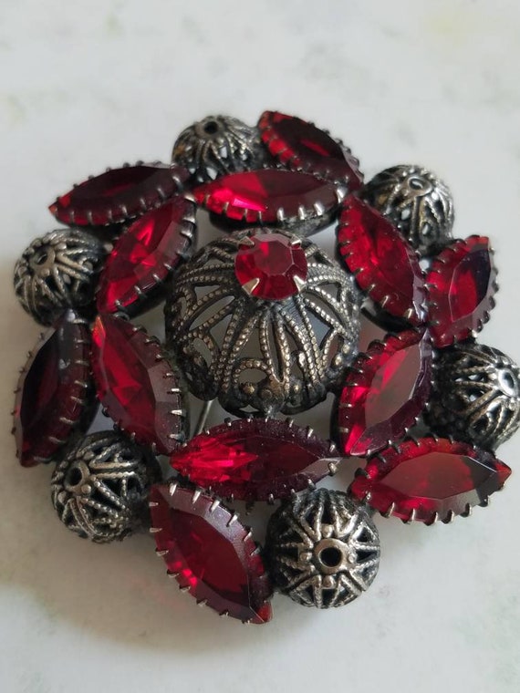 Vintage Glass Red Rhinestones and Steel Cut Brooc… - image 8