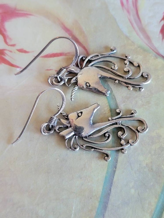 Vintage Sterling Silver Unicorn Earrings French H… - image 2