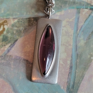 Vintage Signed Jorgen Jensen Denmark Pewter and Purple Glass Pendant and Chain Necklace As Is