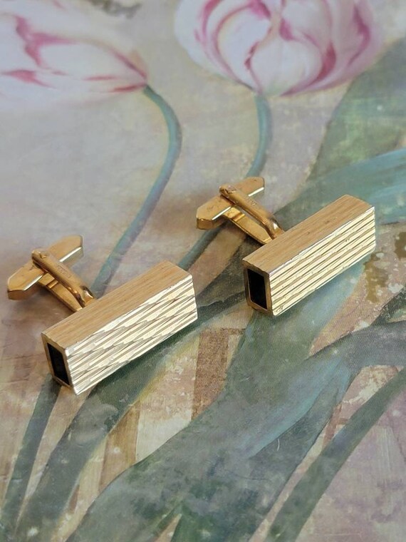 Vintage Rectangular Cufflinks: Black & Gold Tone,… - image 2