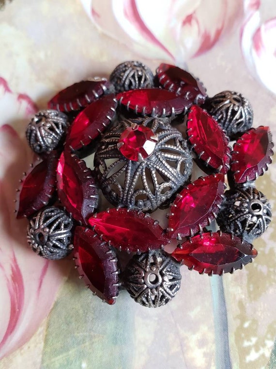 Vintage Glass Red Rhinestones and Steel Cut Brooc… - image 4