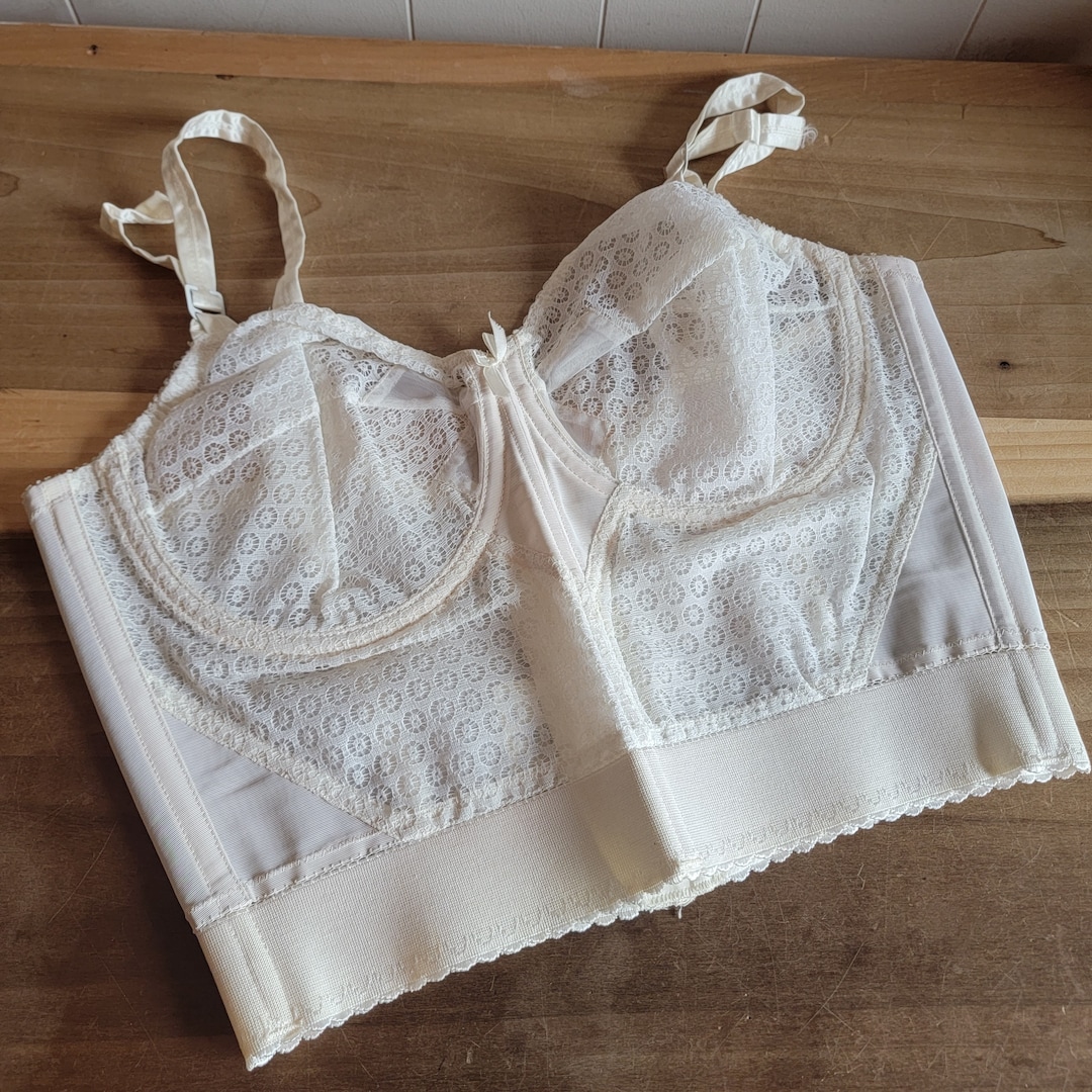 Vintage Bali Snowflake White Long Line Bra Bullet Bow Bra Brassiere Lace  Adjustable Straps Size 40 C Union Label Made in the USA 1950s 1960s 