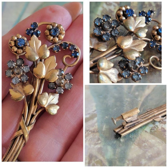 Vintage Flower With Blue Faceted Stones Brooch Gold Tone