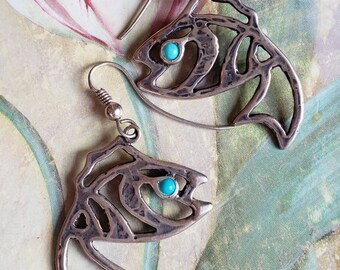 Vintage Sterling Silver and Turquoise Fish Earrings 1980s Pierced Ears French Hooks