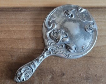Vintage Hand Held Art Nouveau Silver Tone Metal Floral Mirror As Is