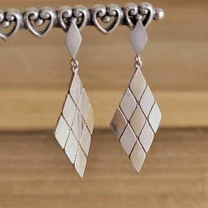 Vintage Sterling Silver Drop Diamond Shaped Earrings Posts for Pierced Ears 925 Screw Closure