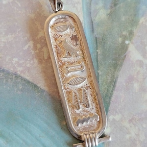 Vintage Sterling Silver Cartouche Pendant with Chain Necklace Hieroglyphics Egypt Egyptian