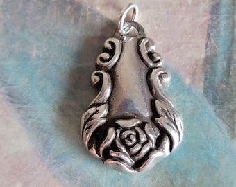 Vintage Brighton Silver Tone Metal Rose with Scrolls Pendant Sterling Silver Bale