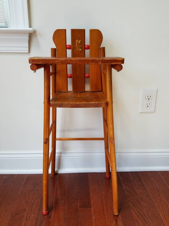 Vintage Wooden Doll High Chair Toys Girls Pretend Red Beads As Image 0