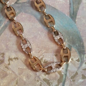 Gold Rhinestone and Blue Crystal Necklace, Gold Tone Link