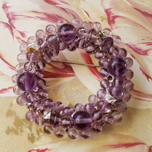 Vintage Purple Glass Wreath Pin or Brooch or Pendant with Silver Tone Metal Purple Beads Circular