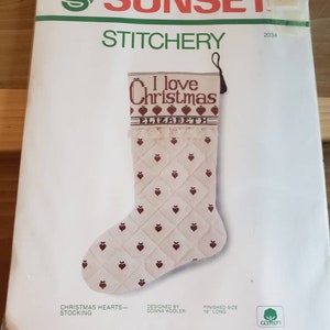 Vintage Dead Stock Sunset Stitchery Counted Cross Stitch Needlepoint Christmas Hearts Stocking DIY 1983 Cotton