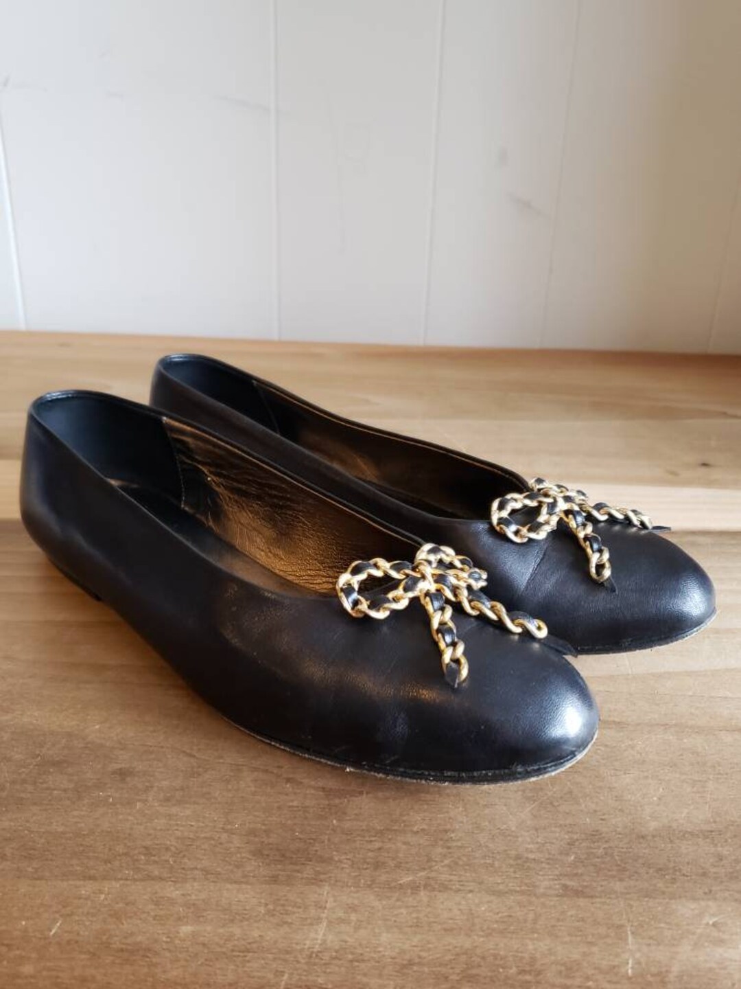 Vintage Joan and David Black Leather Flats With Gold Tone 