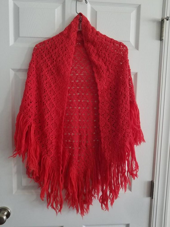 Vintage Hand Made Orange Red Fringed Shawl 1960s … - image 5