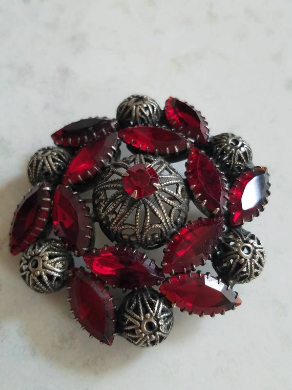 Vintage Glass Red Rhinestones and Steel Cut Brooc… - image 9