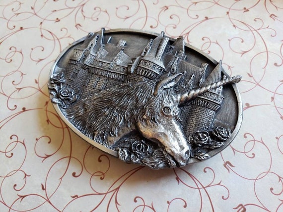 Vintage Unicorn and Castle Belt Buckle Very Detai… - image 3