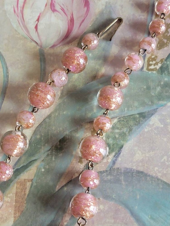 Vintage Pink Glass Beads with Gold Flecks and Gol… - image 7