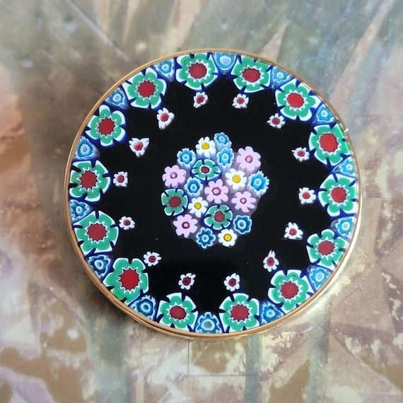 Vintage Murano Millefiori Glass Brooch: Venetian Floral Mosaic in Original Box